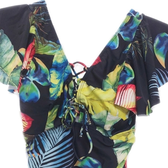 Peddney One Piece Tropical Lace Up Plunge Flounce Sleeve Bathing Suit Womens S - Picture 4 of 5